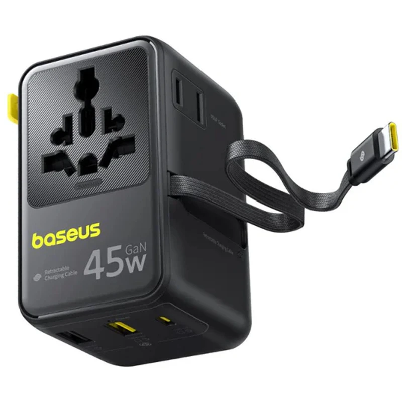 Мережевий універсальний перехідник Baseus AG11 45W with retractable cable (2USB-A/3C/1Socket) (E0307F) – Cosmic Black. Фото 4 з 5