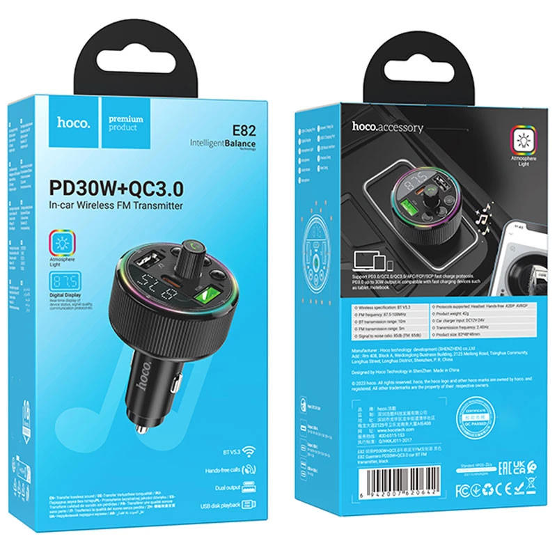 АЗУ FM модулятор Hoco E82 Guerrero PD30W+QC3.0 – Black. Фото 6 из 8