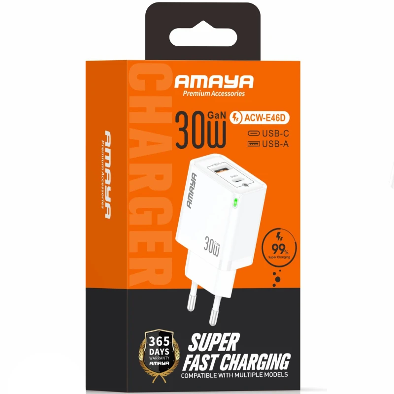СЗУ Amaya E46D PD30W+QC3.0 GaN (1USB-A/1C) – White. Фото 2 из 2