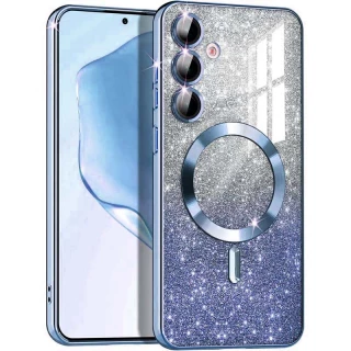 Чехол с блесками, защитными линзами на камеру и MagSafe для Samsung Galaxy S24 — Синий / Deep navy