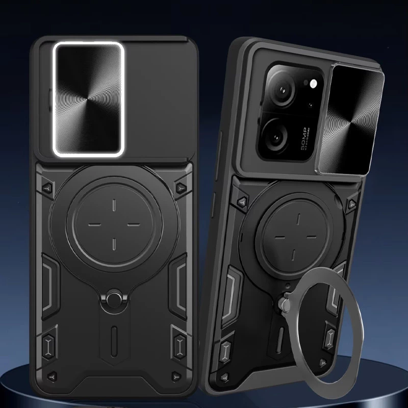 Ударостійкий чохол Bracket Ringstand із захисною шторкою для камери на Xiaomi 13T – Black. Фото 3 з 8