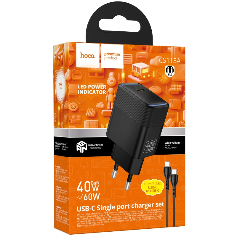 МЗП Hoco CS113A Lounge PD40W (1USB-C) + кабель Type-C to Type-C – Black. Фото 3 з 5