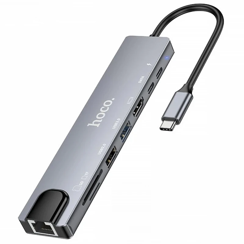 Перехідник HUB Hoco DUP09 (Type-C to HDMI+USB 3.0+USB 2.0+2xType-C+SD/TF) – silver. Фото 4 з 5