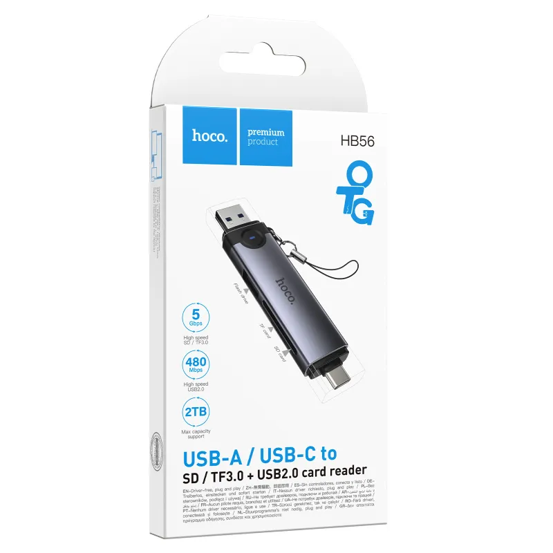 Картридер Hoco HB56 Victory 5in1 Type-C/USB2.0 to SD/TF3.0 + USB 2.0 – Metal gray. Фото 2 з 6
