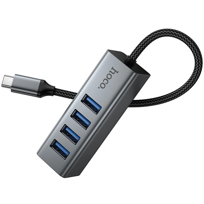 Переходник HUB Hoco HB1C 4in1 (Type-C to 4xUSB 3.0) (0.2m) – Metal gray. Фото 4 из 7
