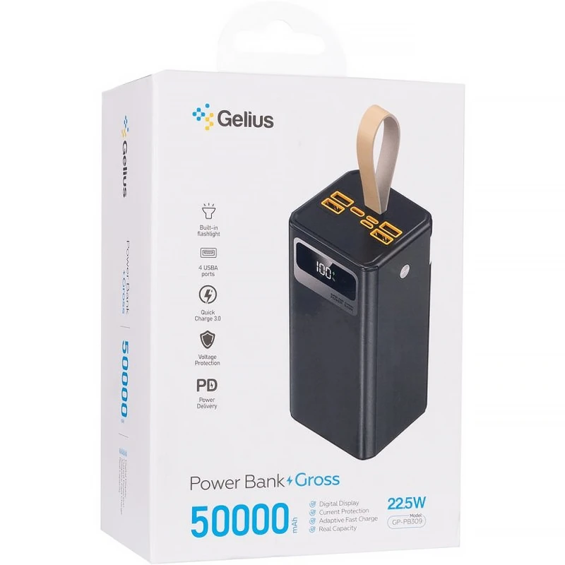 Портативний ЗП Power Bank Gelius Gross GP-PB309 QC+PD22.5W Led 50000mAh – Black. Фото 6 з 7