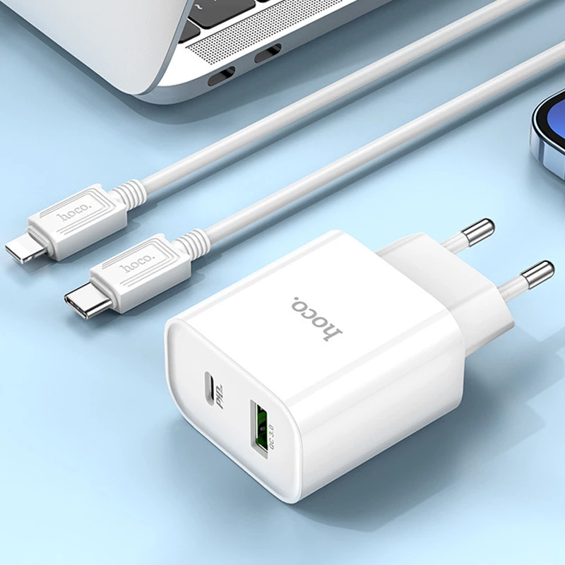 МЗП HOCO C80A Plus Rapido PD20W+QC3.0 (1Type-C/1USB) + Type-C to Lightning – White. Фото 7 з 7