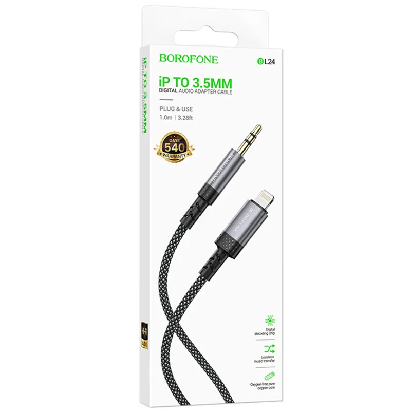 Аудіо кабель Aux Borofone BL24 Graceful (Lightning to AUX 3.5mm) (1m) – Metal grey. Фото 2 з 7