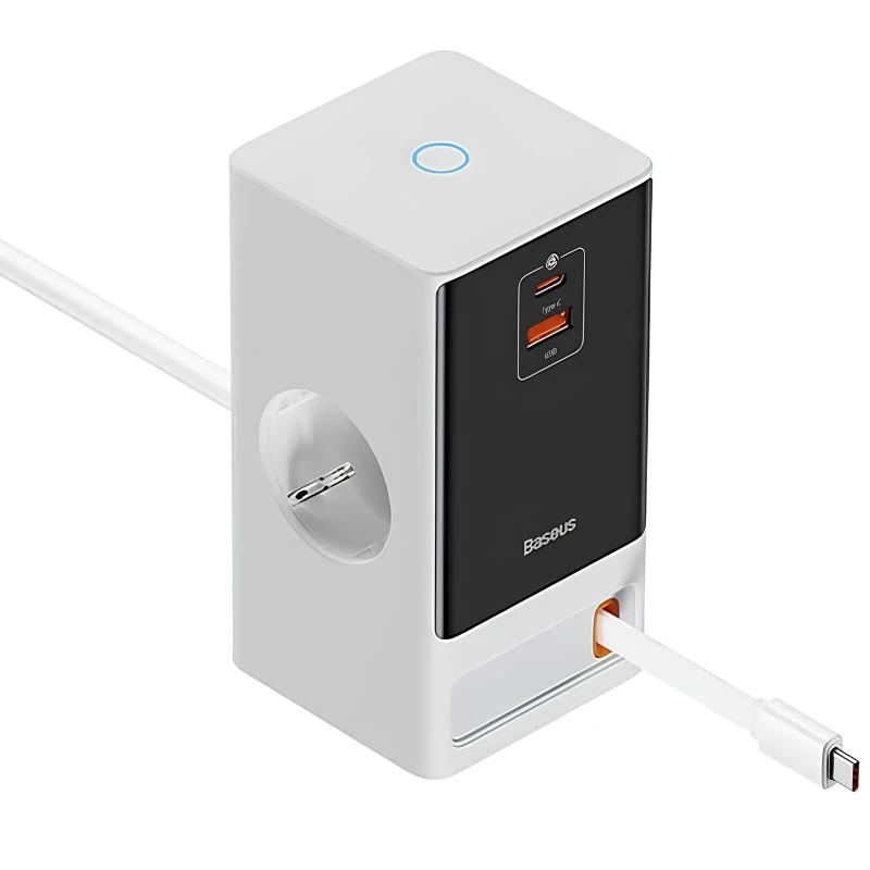 СЗУ Baseus OS PowerCombo Digital PowerStrip+Retractable-C 65W (1USB-A/1C/2Socket) (1.5m) (PSLR000) – Glacier White. Фото 2 из 5