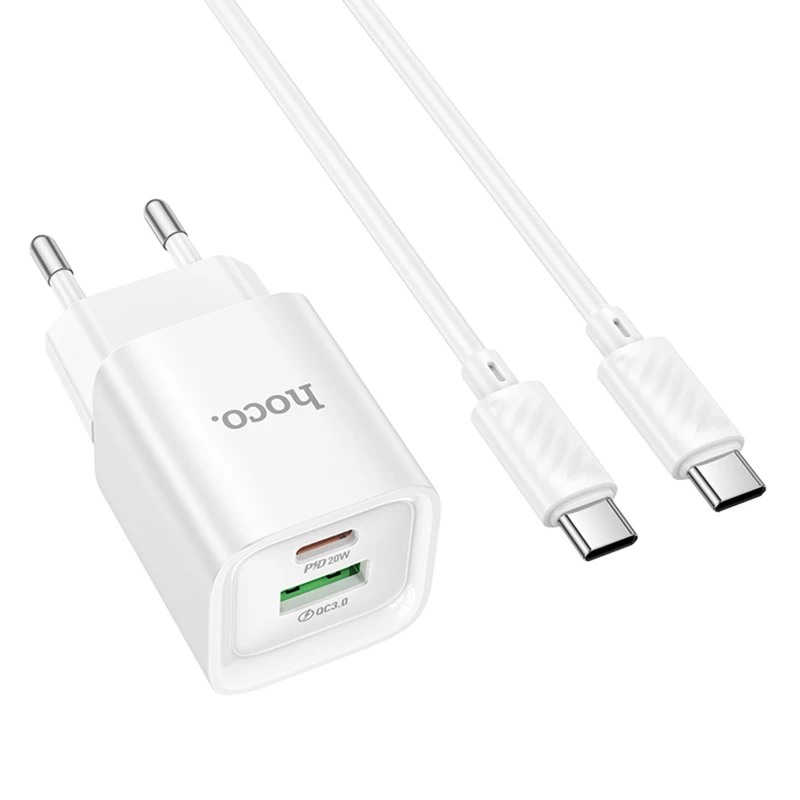СЗУ Hoco C147A PD20W+QC3.0 (1USB-A/1C) + кабель Type-C to Type-C – White. Фото 2 из 7