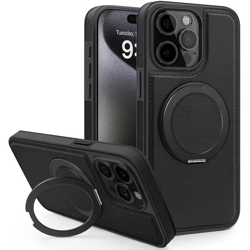 Кожаная ретро накладка с кольцом и Magnetic Safe для Apple iPhone 15 Pro (6.1") – Black. Фото 1 из 4