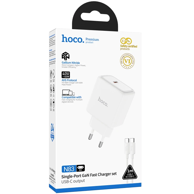 МЗП Hoco N83 Profit PD40W (1USB-C) + кабель Type-C to Type-C – White. Фото 2 з 3