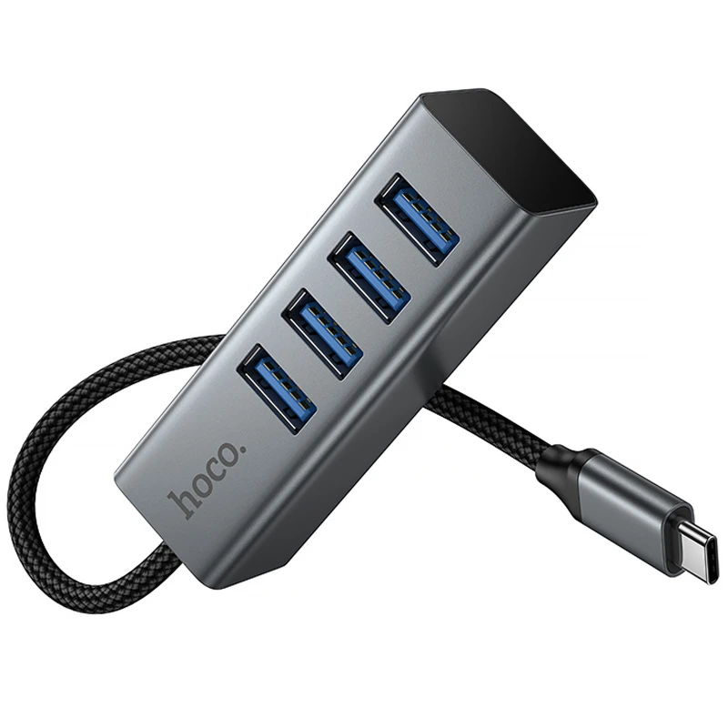 Переходник HUB Hoco HB1C 4in1 (Type-C to 4xUSB 3.0) (0.2m) – Metal gray. Фото 6 из 7