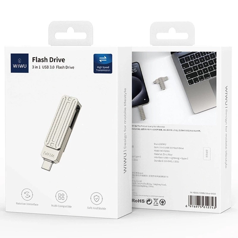 Флеш-драйв USB 3.0 Flash Drive WIWU Wi-FD001 3 in 1 64GB – silver. Фото 2 з 7