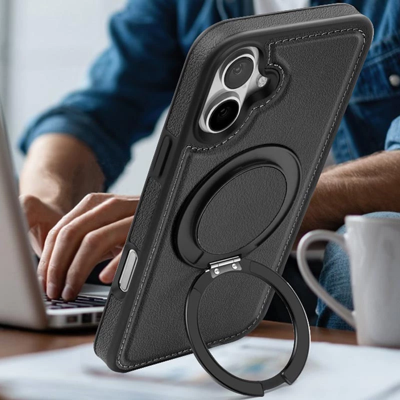 Шкіряна ретро накладка з кільцем та Magnetic Safe на Apple iPhone 16 – Black. Фото 5 з 6