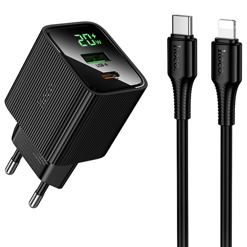 СЗУ Hoco CS83A Excellent with digital display PD20W+QC3.0 (1USB-A/1C) + кабель Type-C to Lightning – Black. Фото 1 из 5