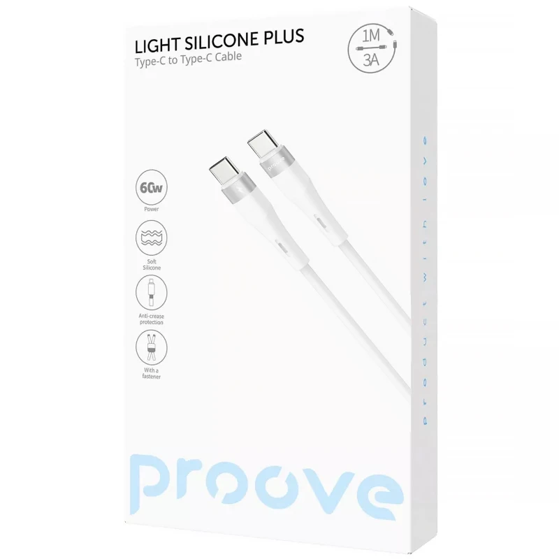 Дата кабель Proove Light Silicone Plus Type-C to Type-C 60W (1m) – White. Фото 2 из 2