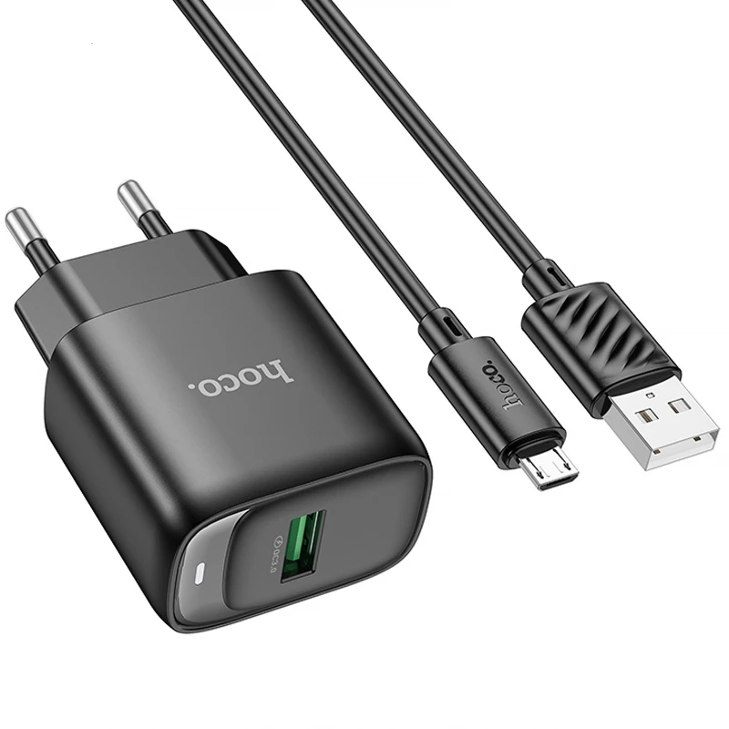 МЗП Hoco C140A Smart QC3.0 18W (1USB-A) + кабель USB to MicroUSB – Black. Фото 3 з 5