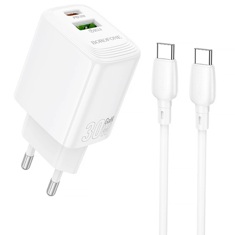 СЗУ Borofone BN29 Fuente PD30W+QC3.0 (1USB-A/1C) + кабель Type-C to Type-C фото 1 из 1