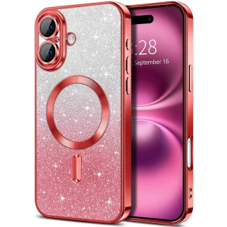 Чехол с блесками, защитными линзами на камеру и MagSafe для Apple iPhone 16 — Красный / Red