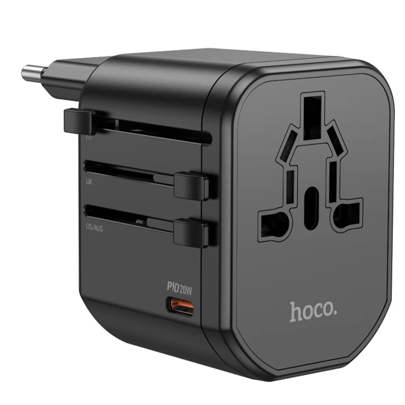 Сетевой универсальный переходник Hoco AC15 Walker PD20W+QC3.0 (2USB-A/1C) (EU) – Black. Фото 1 из 5