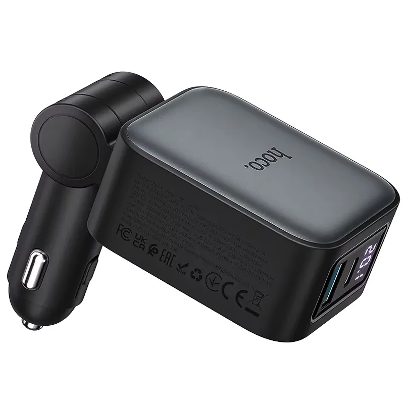 АЗП Hoco Z67A Triunfar PD45W+QC3.0 total 60W with retractable cables (1USB-A/2C/1L) – Metal gray. Фото 4 з 4