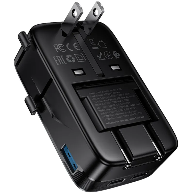 Сетевой универсальный переходник Hoco AC35 Capaz 15W + 1USB-A/2C – Black. Фото 3 из 6