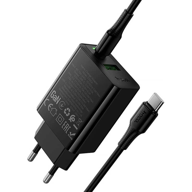 СЗУ Hoco CS95A Leader PD30W+QC3.0 (1USB-A/1C) + кабель Type-C to Type-C – Black. Фото 4 из 7