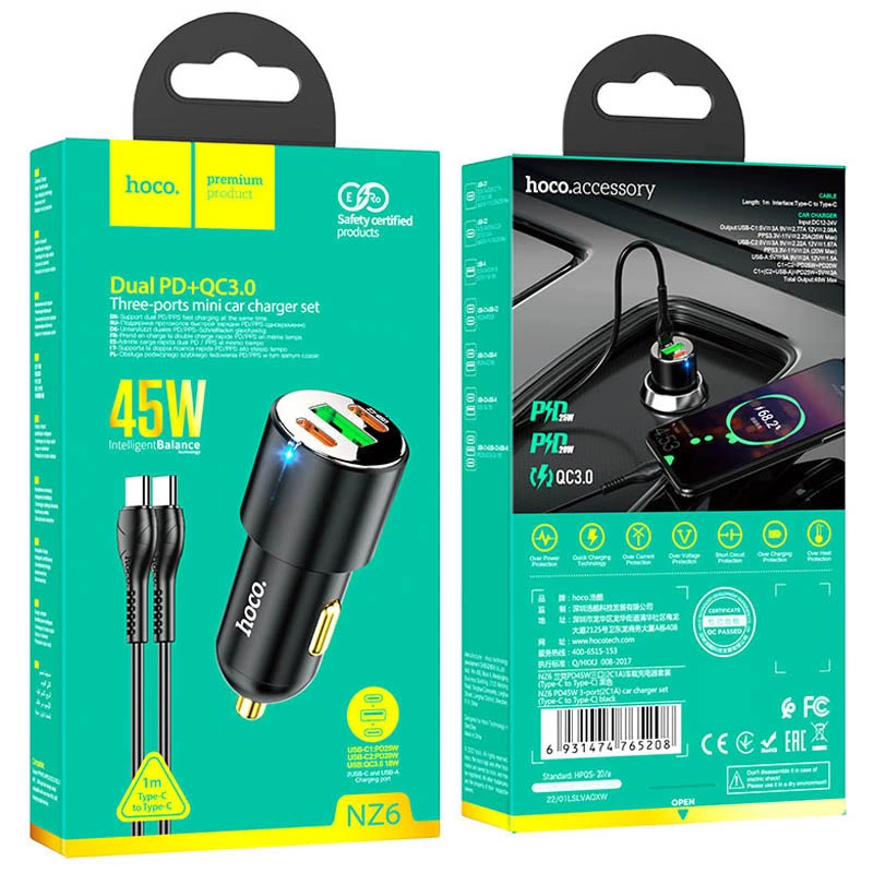 АЗУ Hoco NZ6 PD45W (2Type-C/1USB) + Type-C to Type-C – Black. Фото 5 з 7