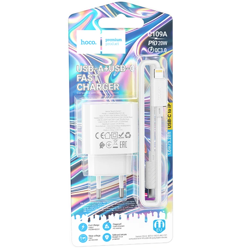 СЗУ Hoco C109A Fighter PD20W+QC3.0 (1USB-A/1C) + кабель Type-C to Lightning – White. Фото 3 из 12