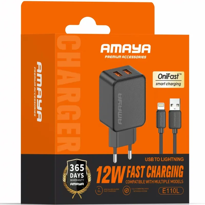 МЗП Amaya E110L 2.4A (2USB-A) + кабель USB to Lightning – Black. Фото 2 з 2