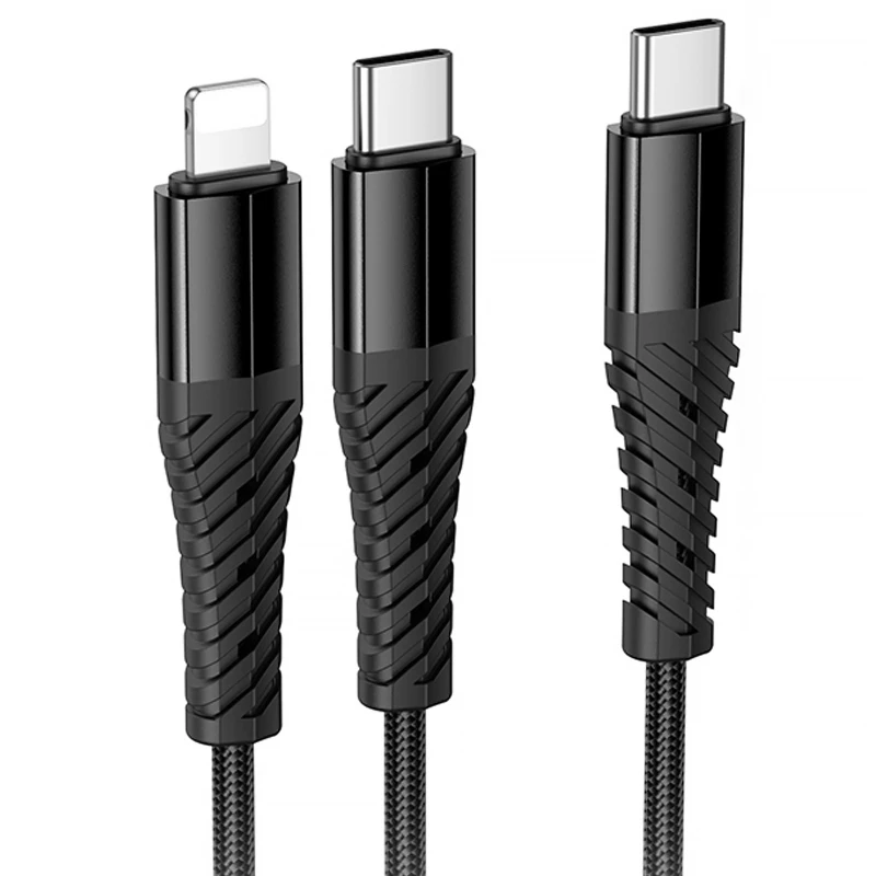 Дата кабель Hoco X123 Victory 2in1 Type-C to Lightning/Type-C 3A (1m) – Black. Фото 3 з 6