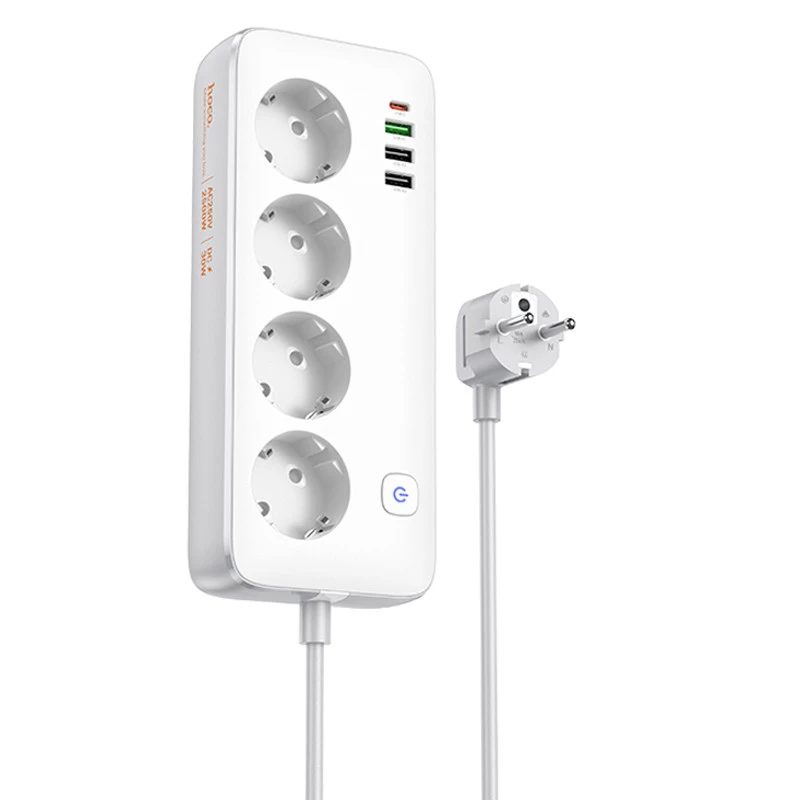 Удлинитель Hoco AC22 Sunlight (PD30W/1C/3A/4xSocket) (1.5m) – White. Фото 1 из 5