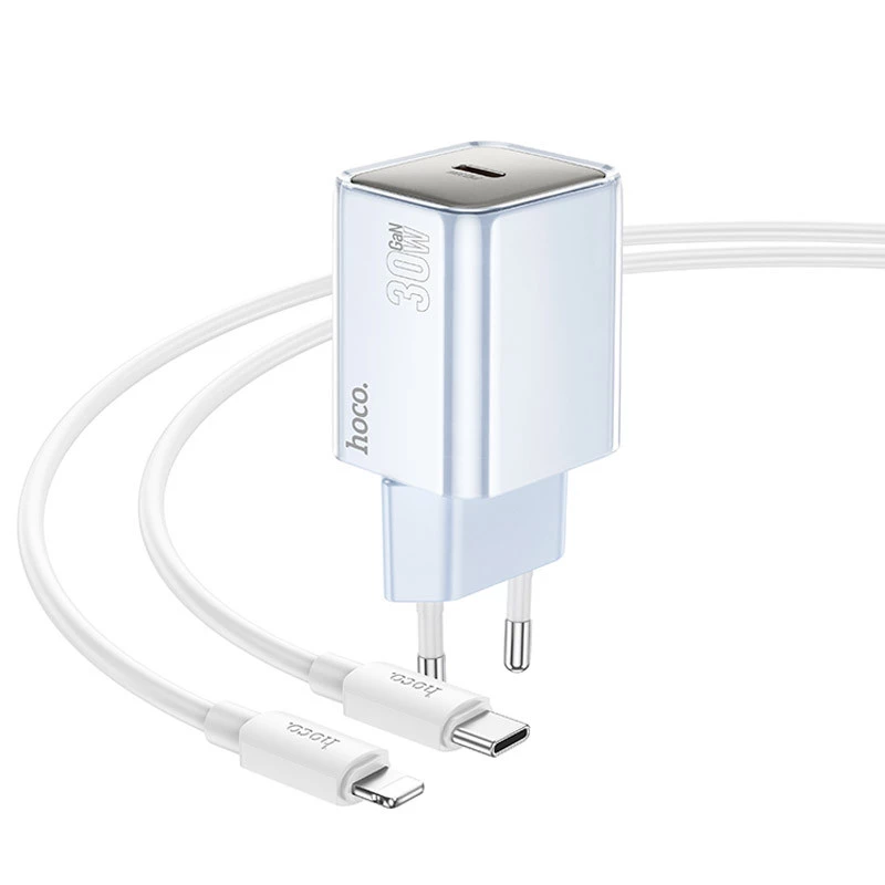 СЗУ Hoco N47 Glorious PD30W (1USB-C) + кабель Type-C to Lightning – Blue. Фото 2 из 5