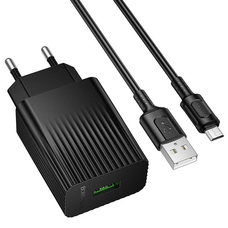 МЗП Borofone BAS72A Source QC3.0 (1USB-A) + кабель USB to MicroUSB – Black. Фото 3 з 4
