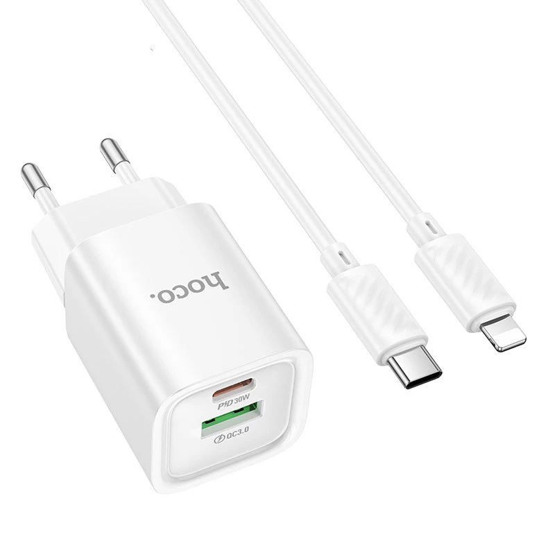 МЗП Hoco C149A Charm PD30W+QC3.0 (1USB-A/1C) + кабель Type-C to Lightning – White. Фото 2 з 6