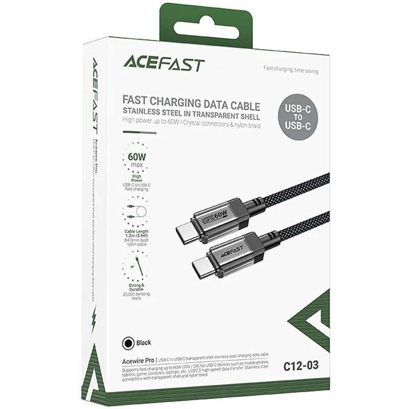 Дата кабель Acefast C12-03 Type-C to Type-C 60W (1.2m) – Black. Фото 5 з 5