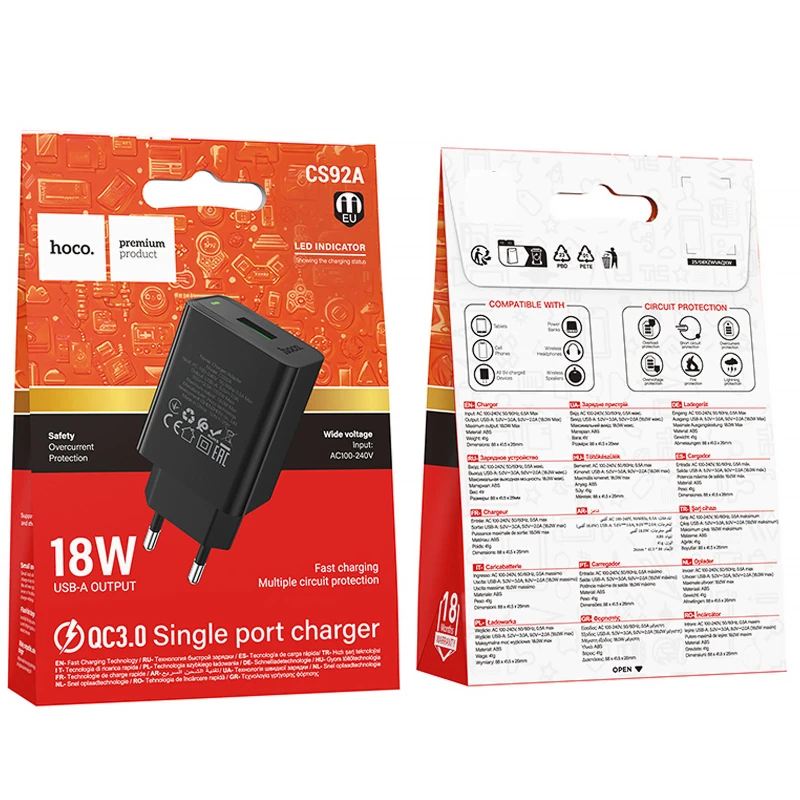 СЗУ Hoco CS92A Leader 18W+QC3.0 (1USB-A) – Black. Фото 2 из 5