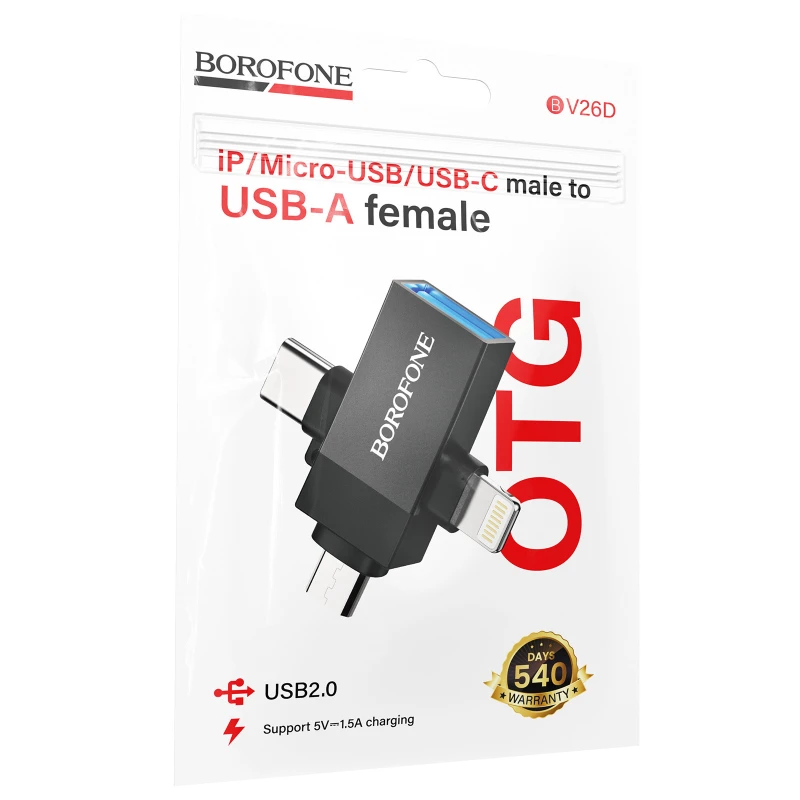 Перехідник Borofone BV26D 3in1 Lightning male/Type-C male/Micro male to USB2.0 female – Black. Фото 2 з 6