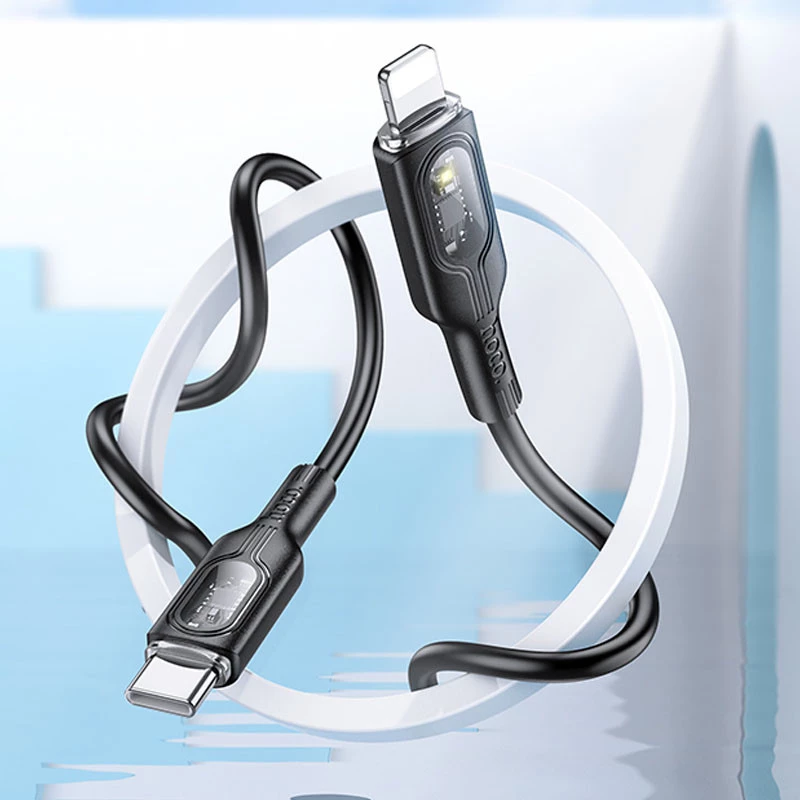 Дата кабель Hoco U120 Transparent explore intelligent power-off PD 27W Type-C to Lightning (1.2m) – Black. Фото 5 з 6