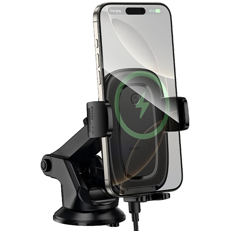 Автотримач з БЗП Borofone BH223 Follower 15W (center console) – Black. Фото 3 з 7