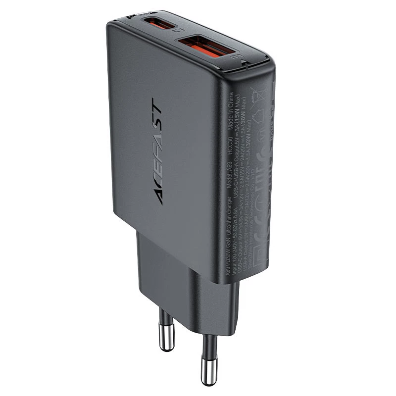 СЗУ Acefast A69 PD30W GaN (USB-C+USB-A) – Black. Фото 7 из 7