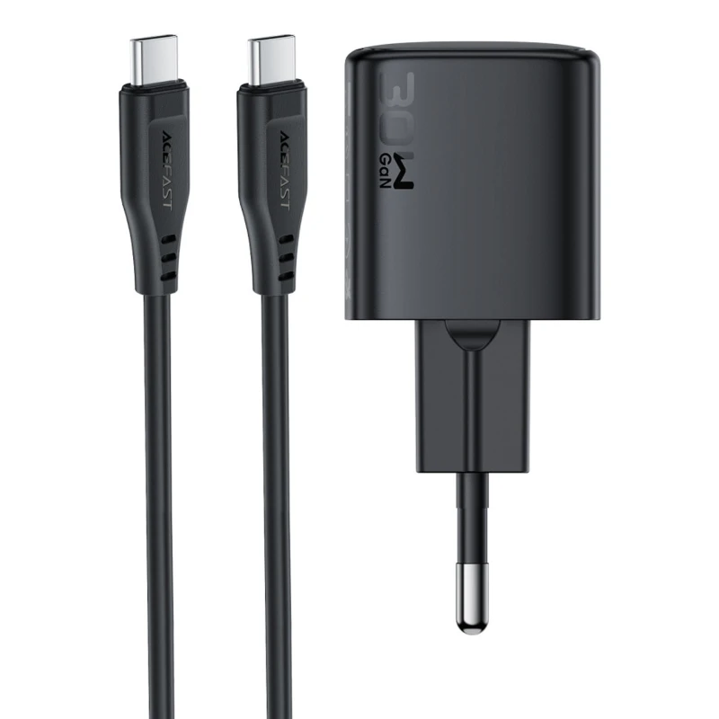 СЗУ Acefast A118 PD30W GaN (1USB-C) + кабель Type-C to Type-C – Black. Фото 1 из 5