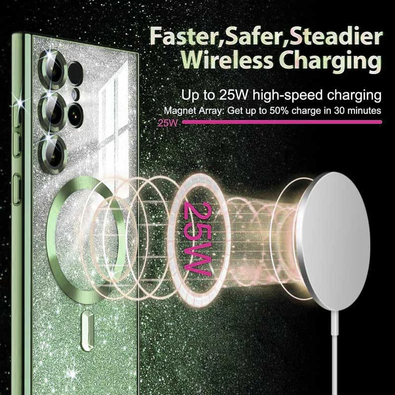 Чехол с блесками, защитными линзами на камеру и MagSafe для Samsung Galaxy S25 Ultra – Зеленый / Green. Фото 4 из 4