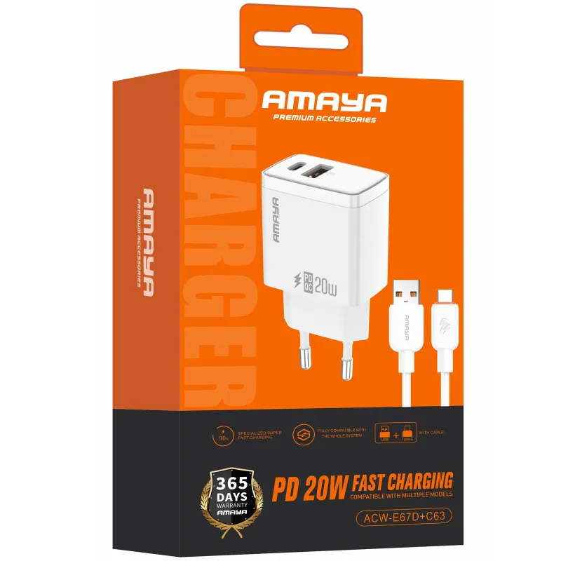 МЗП Amaya E67D PD20W+QC3.0 (1USB-A/1C) + кабель USB to Type-C – White. Фото 2 з 2