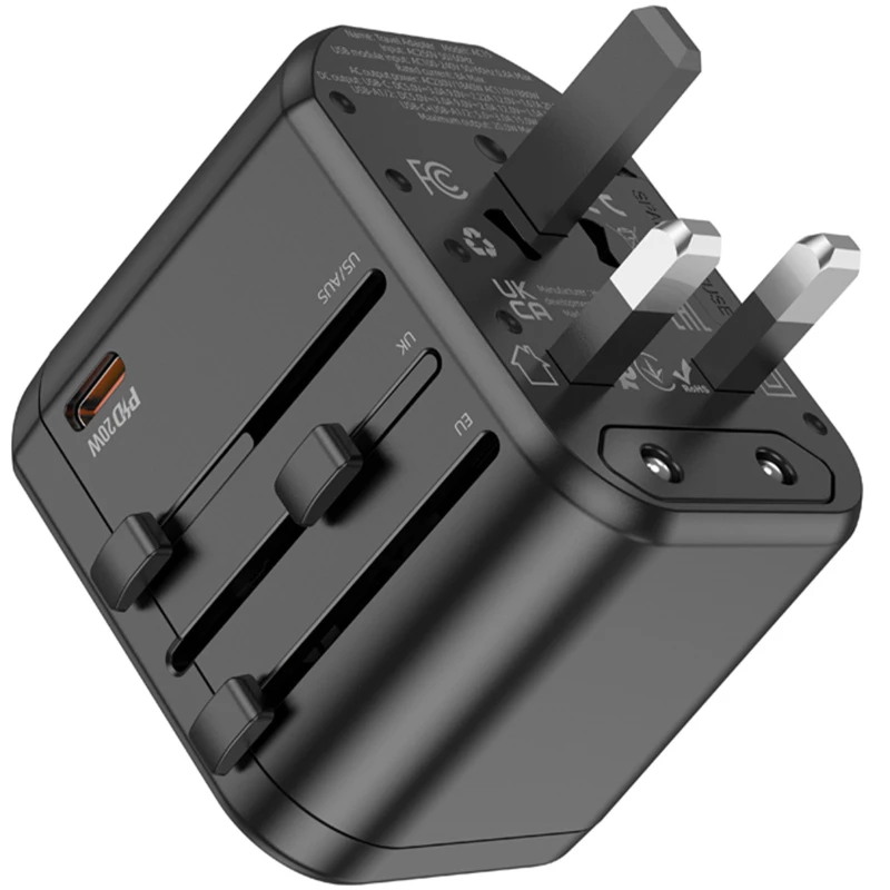 Сетевой универсальный переходник Hoco AC15 Walker PD20W+QC3.0 (2USB-A/1C) (EU) – Black. Фото 4 из 5