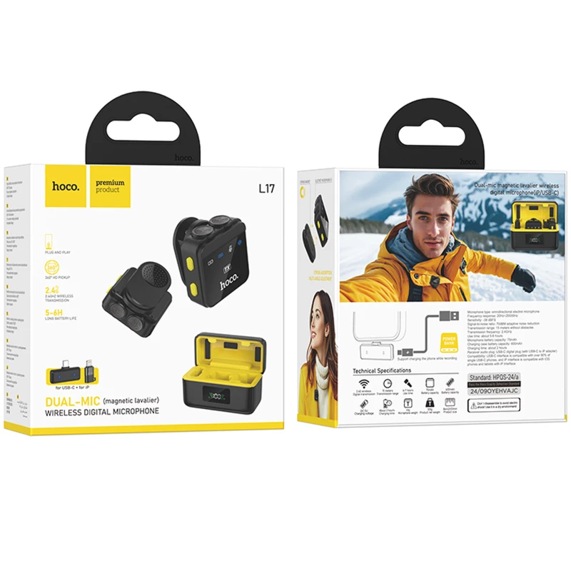 Петличний бездротовий мікрофон Hoco L17 Dual-mic magnetic (Lightning/Type-C) – Black. Фото 6 з 6