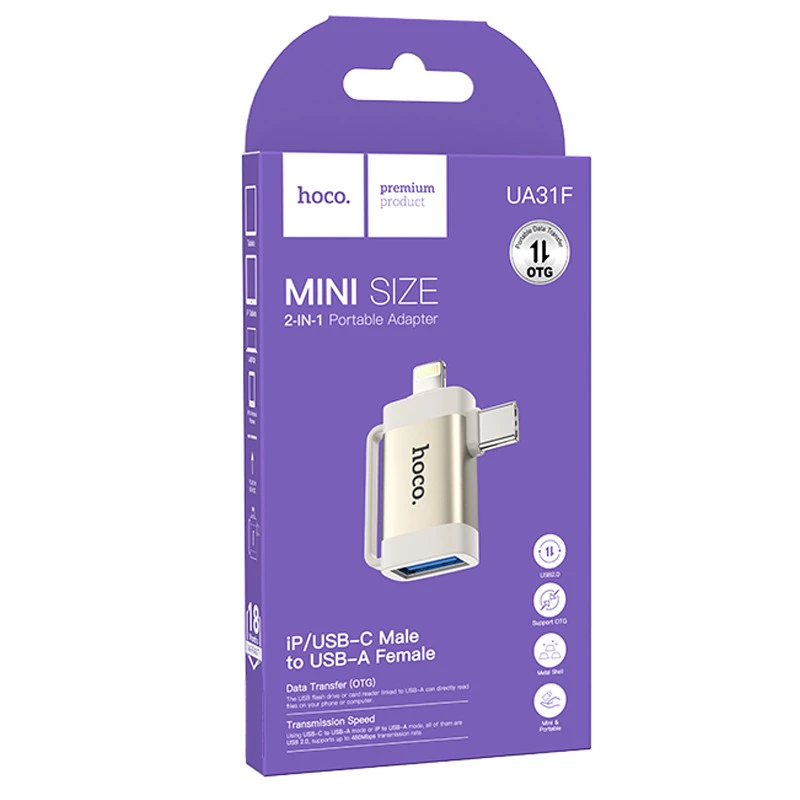 Перехідник Hoco UA31F OTG 2in1 Lightning male/Type-C male to USB female – Gray. Фото 5 з 5