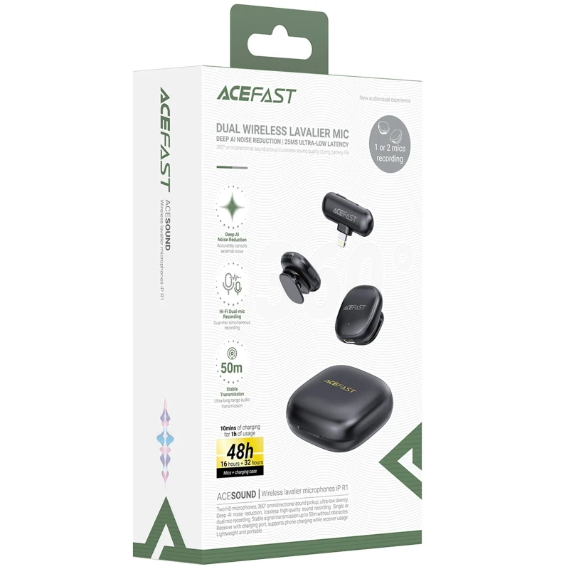 Петличний бездротовий мікрофон Acefast R1 Lightning – Black. Фото 10 з 10