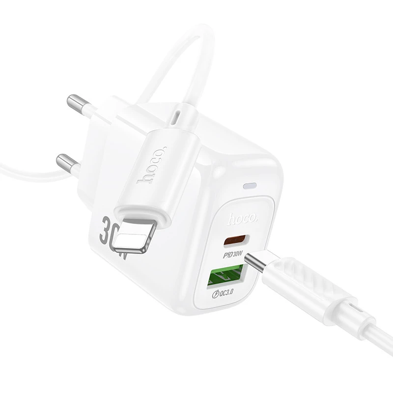 СЗУ Hoco CS55A Surplus PD30W+QC3.0 (1USB-A/1C) + Type-C to Lightning – White. Фото 5 из 7